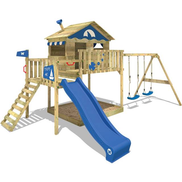 Wooden climbing frame Smart Coast with swing set and slide, Playhouse on stilts for kids with sandpit, climbing ladder & play-accessories - blue