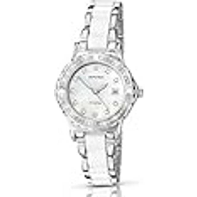 Sekonda damarmbandsur analog, kvarts, 29 mm, hölje med stentrimma, vit pärlemorurtavla och armband av legering med plastmittlänkar, Silverarmband/vit urtavla, Armband