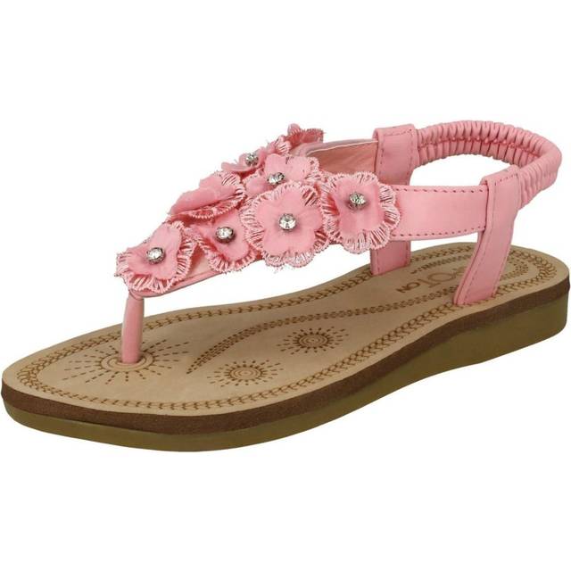 (UK 12 Child, Pink) Girls Spot On Toepost Flower Trim Sandals