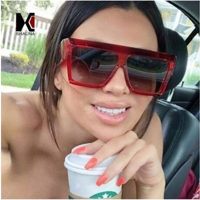 (Red Grey) SHAUNA Enhanced Metal Hinge Oversize Square Sunglasses Women Brand Designer Retro Men Gradient Shades UV400