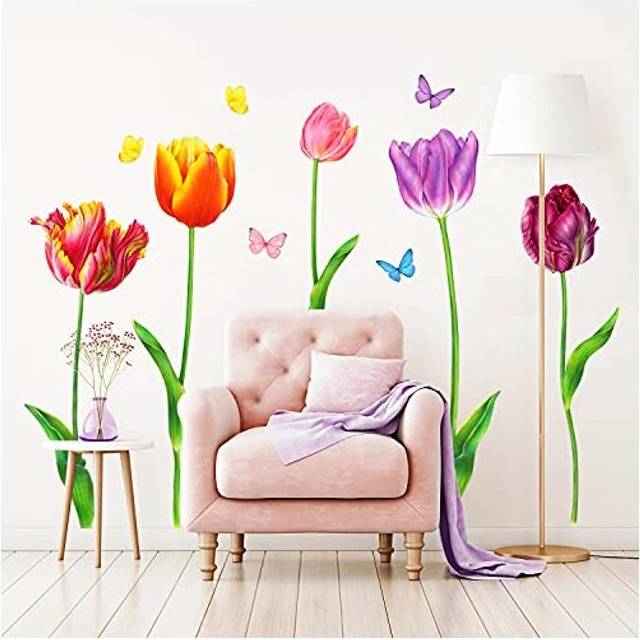 SG-2116 Tulip Flower Wall Stickers Butterfly Floral Decals Removable for Bedroom Living Room Art Home Decor Decoration DIY Background Mural