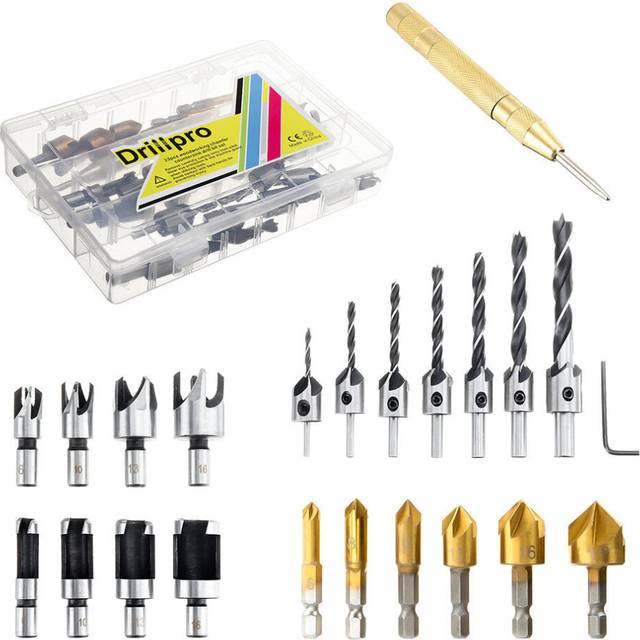 23pcs Woodworking Chamfering Countersunk Drill Bit Set 5 Flute Chamfering Drill Wood Plug Cutter Automatic Center Punch Drill