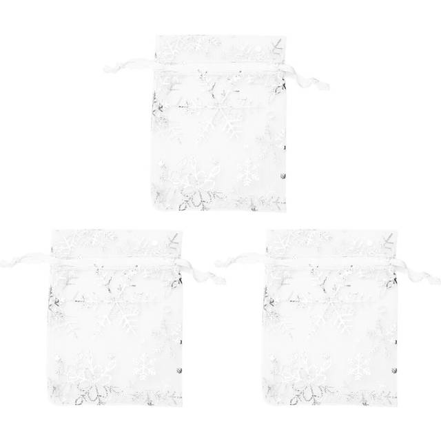 300 PCS Organza Wedding Gift Bags Drawstring Jewelry Pouch Bags Silver White Snowflakes Sheer Party Favor Bags