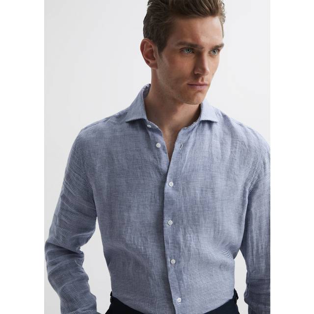 Reiss Mens Blue/white Ruban Regular-fit Long-sleeve Linen Shirt M