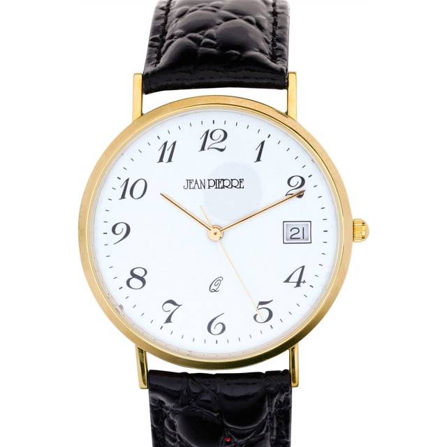 9ct Gold Gents Wristwatch Standard Numerals and Date Black Leather Strap