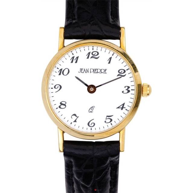 9ct Gold Ladies Wristwatch Standard Numerals Black Leather Strap