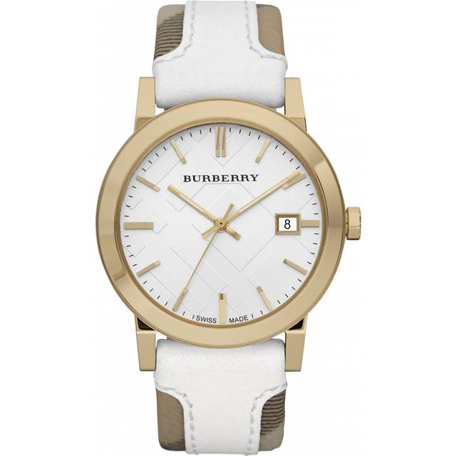 Burberry BU9015 Women&#39;s Swiss Heymarket Check Fabric and White Leather Band White Dial Watch