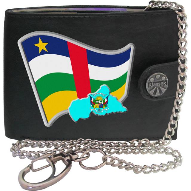 (With Chain) Central African Rep Flag Map COA Mens Wallet Chain Leather Coin Pocket Klassek RFID Blocking Credit Card Slots and Metal Gift Box