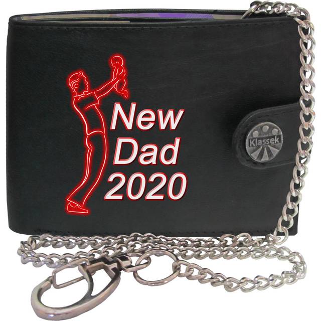 (With Chain) 2020 New Dad with Baby Red Mens Wallet Chain Leather Coin Pocket Klassek RFID Blocking Credit Card Slots and Metal Gift Box