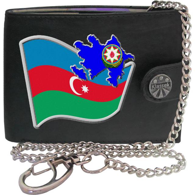 (With Chain) Azerbaijan Flag AZERBAIJANI Map Mens Wallet Chain Leather Coin Pocket Klassek RFID Blocking Credit Card Slots and Metal Gift Box