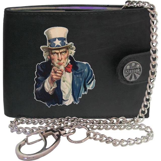(With Chain) Uncle Sam American War Army US Mens Wallet Chain Leather Coin Pocket Klassek RFID Blocking Credit Card Slots and Metal Gift Box
