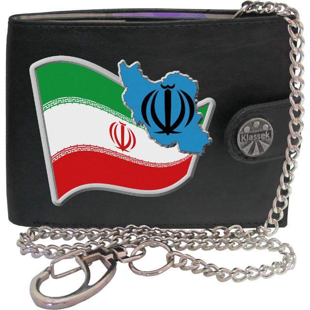 (With Chain) Iran Flag IRANIAN Map COA Mens Wallet Chain Leather Coin Pocket Klassek RFID Blocking Credit Card Slots and Metal Gift Box