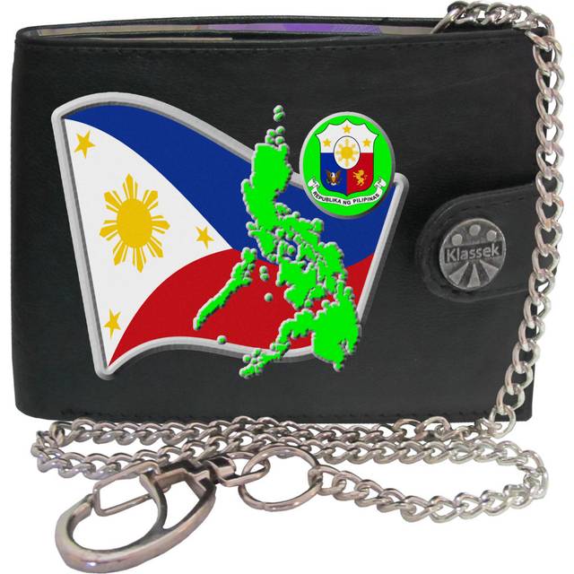 (With Chain) Philippines Flag FILIPINO Map COA Mens Wallet Chain Leather Coin Pocket Klassek RFID Blocking Credit Card Slots and Metal Gift Box
