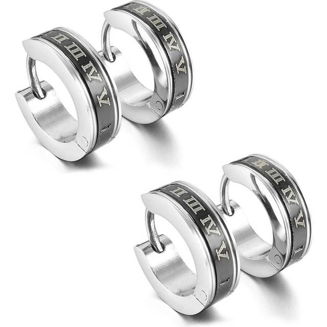 4X Stainless Steel Stud Plugs Hoop Earrings Ear Studs Black Silver Color Roman Numerals Classic Polished Men, Women