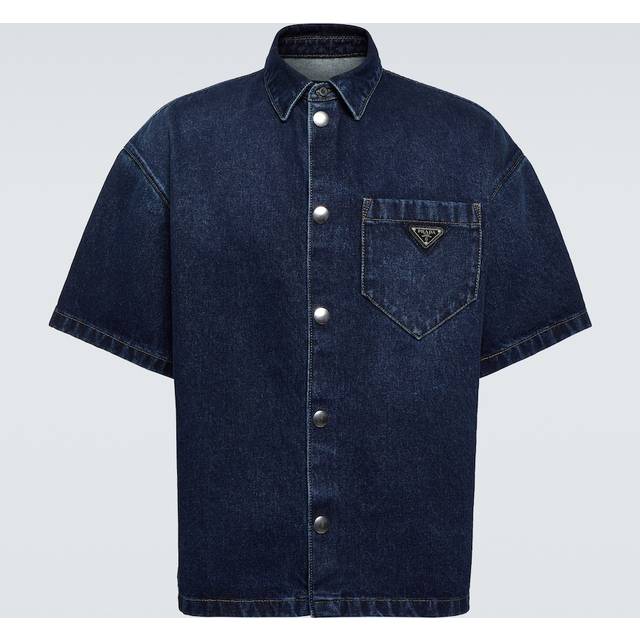 Prada Mens Blue Padded Faded-wash Boxy-fit Denim Shirt Xs