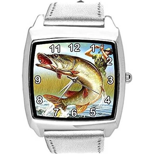 TAPORT Silver Leather Quartz Square Watch for Fishing Fans E3 - Blue
