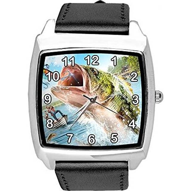 TAPORT Black Leather Quartz Square Watch for Fishing Fans E2 - Blue