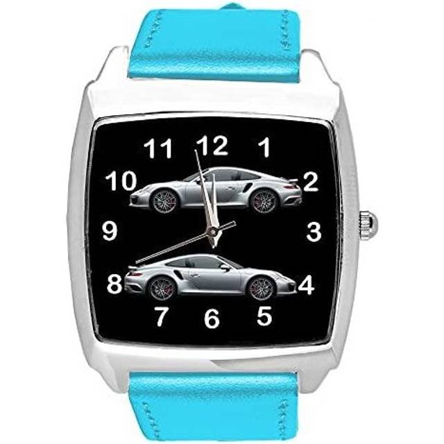 Blue Leather Quartz Square Watch for Sport Cars Fans E1
