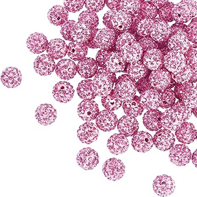 PH PandaHall 10mm Pink Rhinestones Beads 100pcs Pave Disco Ball clay Beads Polymer clay crystal Beads Round craft Beads for Friendship Bracelet Neckla