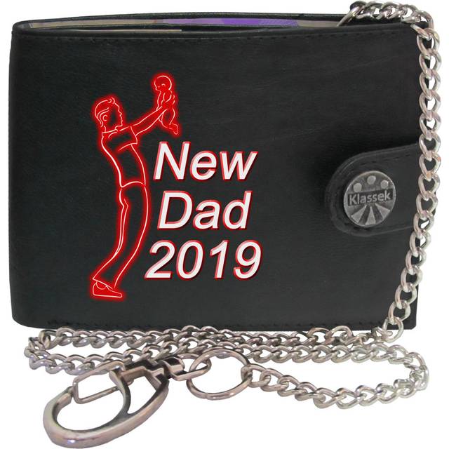 (With Chain) New Dad 2019 and Baby Green image Mens Wallet Chain Leather Coin Pocket Klassek RFID Blocking Credit Card Slots and Metal Gift Box