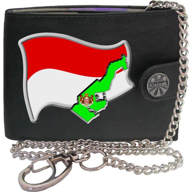 (With Chain) MONACO Flag Monegasque Map Mens Wallet Chain Leather Coin Pocket Klassek RFID Blocking Credit Card Slots and Metal Gift Box