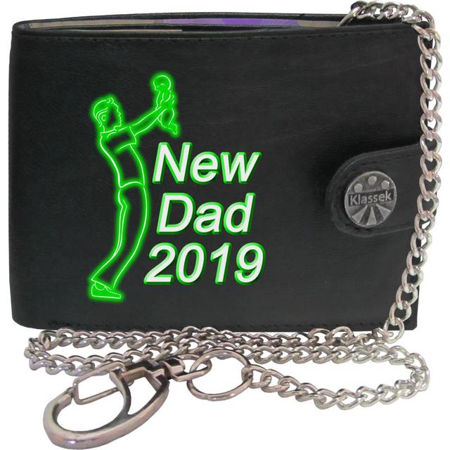 (With Chain) New Dad 2019 with Baby Blue image Mens Wallet Chain Leather Coin Pocket Klassek RFID Blocking Credit Card Slots and Metal Gift Box