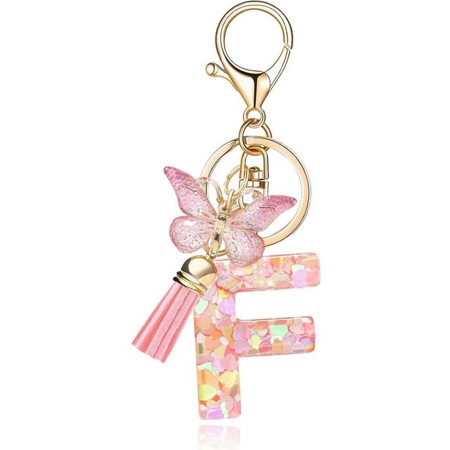 Fashion Alphabet Initial Letter Keychain Tassel Butterfly Pendant Key Ring for Purse Handbags Women Girl