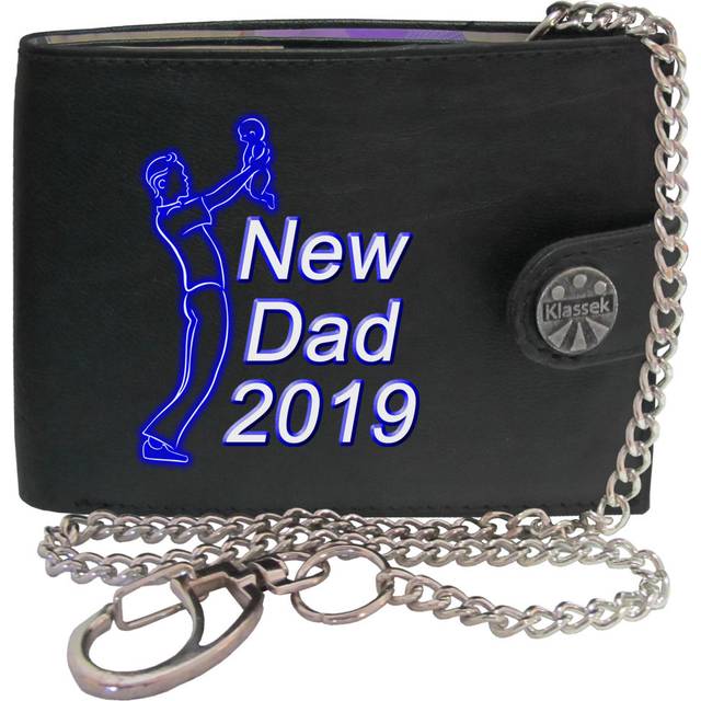 (With Chain) New Dad 2019 and Baby Yellow pic Mens Wallet Chain Leather Coin Pocket Klassek RFID Blocking Credit Card Slots and Metal Gift Box