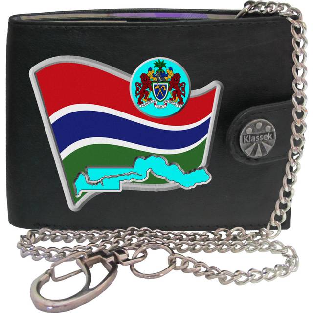 (With Chain) Gambia Flag GAMBIAN Map COA Mens Wallet Chain Leather Coin Pocket Klassek RFID Blocking Credit Card Slots and Metal Gift Box