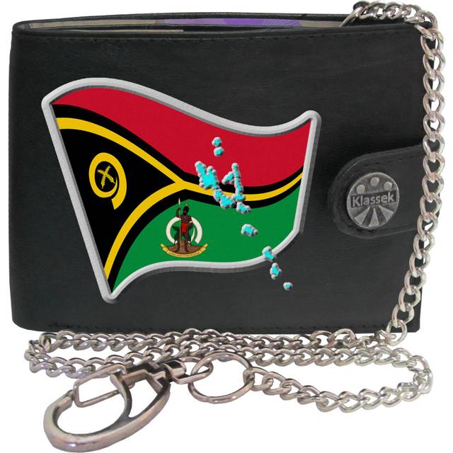 (With Chain) Vanuatu Flag NI-VANUATU Map COA Mens Wallet Chain Leather Coin Pocket Klassek RFID Blocking Credit Card Slots and Metal Gift Box