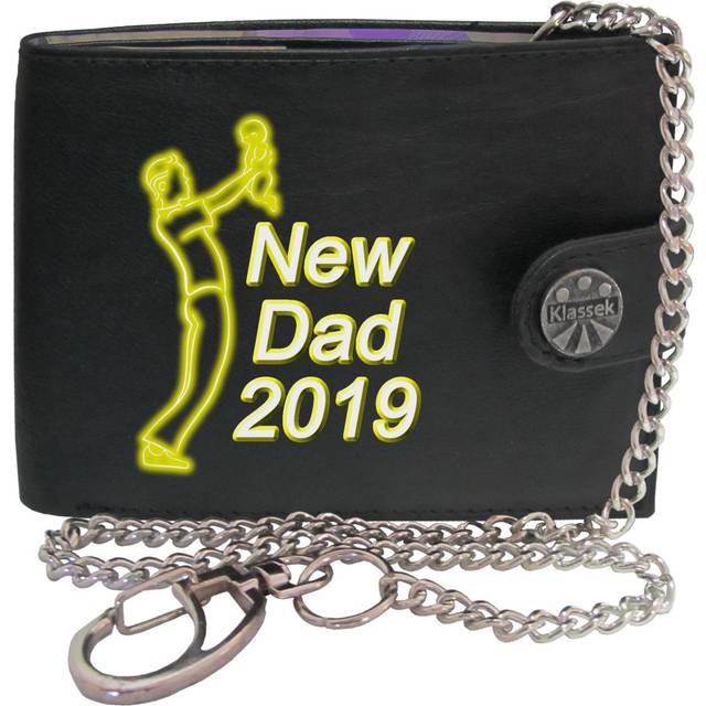 (With Chain) New Dad 2019 with Baby Red image Mens Wallet Chain Leather Coin Pocket Klassek RFID Blocking Credit Card Slots and Metal Gift Box
