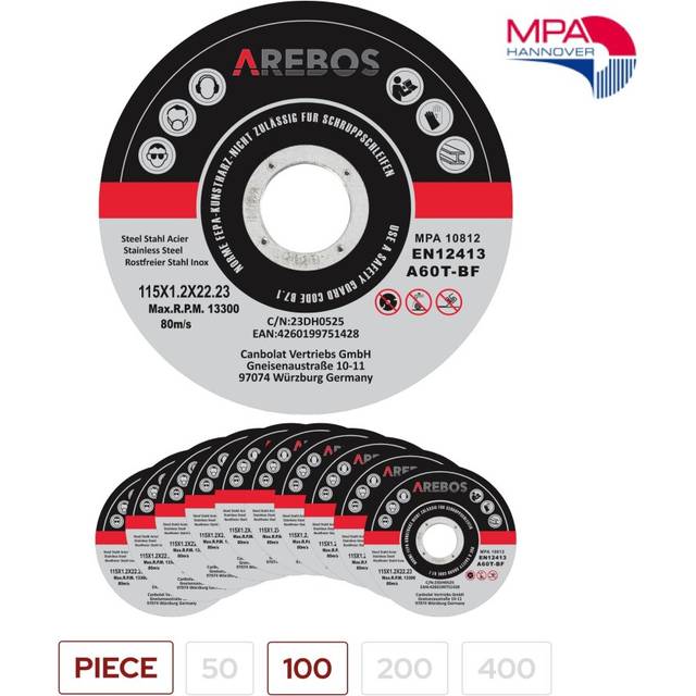 Arebos cutting discs flexible discs Ø115 mm receiving 22.23 mm thickness 1.2 mm 100 pieces