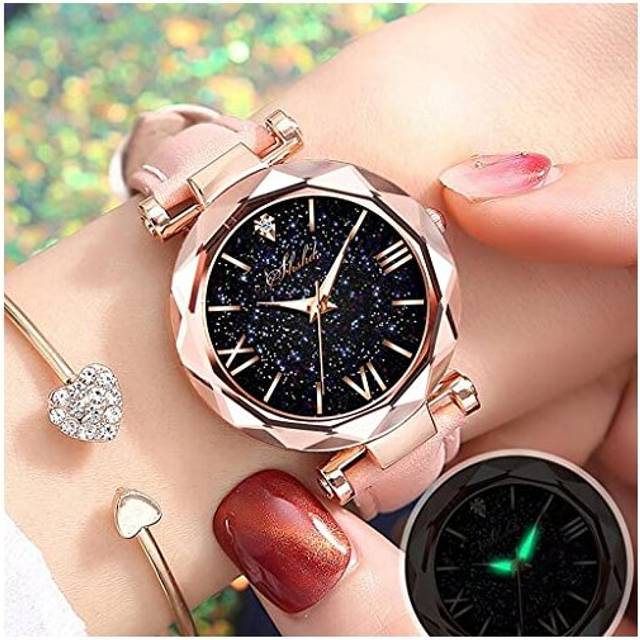 NC Luminous Watches For Women,Ladies Watches Starry Sky Pu Leather Strap Non-Waterproof Watches,Girls Teenager Fashion Elegant Business Dress Analogue - Blue