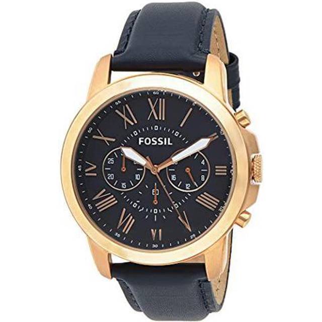 Fossil Men&#39;s Grant Quartz Stainless Steel and Leather Chronograph Watch  Color: Rose Gold  Navy (Model: FS4835)