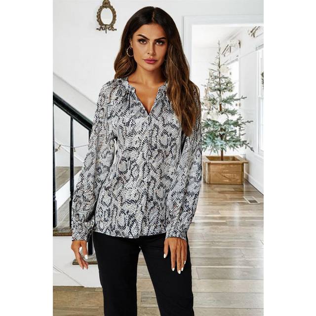 Satin Snake Print Collarless long sleeve Blouse Top In Grey - M