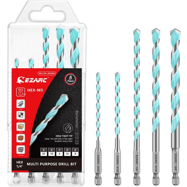 5 Piece Carbide Tips Drill Bit Set Hex Shank for Metal, Block, Brick, Soft Tile, Wood, Plastic