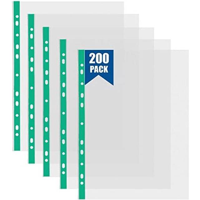 200 Pcs Punched Pockets A4 Clear 60 Micron Strong Plastic Wallet Sleeves, Top Opening Poly Pockets for Ring Binder Folders, Green Edge