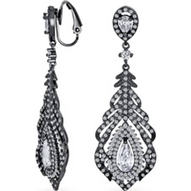 Vintage Style Teardrop Halo Cubic Zirconia Prom Pageant Statement Chandelier Dangle Clip On Earrings Silver Plated Brass