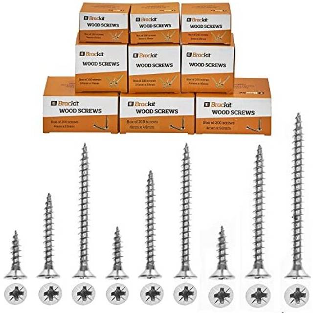 Brackit Wood Screws Bulk Pack â 1800 Pieces â 3, 3.5 & 4mm - Pozi-drive Countersunk Zinc Plated Steel Screws