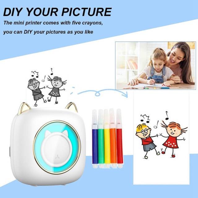 Mini Thermal Label Printer Portable Photo Printer Wrong Question Printer with Thermal Paper+Adhesive Paper+Color Pen