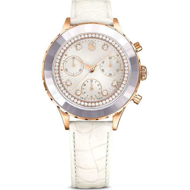 Octea Chrono watch, Swiss Made, Leather strap, White, Rose gold-tone finish