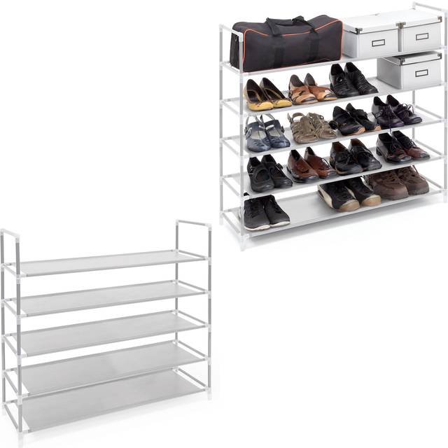 Set of 2 Relaxdays Shoe Rack With Handles, Fleece Fabric, 90.5 x 87 x 29.5 cm, 5 Shelves for 20 Pairs of Shoes, White