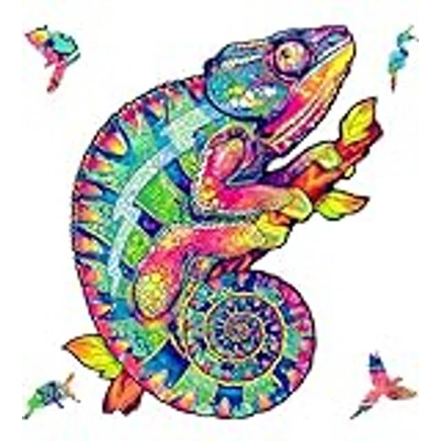 "UNIDRAGON Original Wooden Jigsaw Puzzles - Iridescent Chameleon  107 pcs  Small 7.5""""x9.5""""  Beautiful Gift Package  Unique Shape Best Gift"
