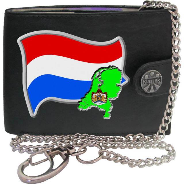 (With Chain) NETHERLANDS Flag Dutch Map COA Mens Wallet Chain Leather Coin Pocket Klassek RFID Blocking Credit Card Slots and Metal Gift Box