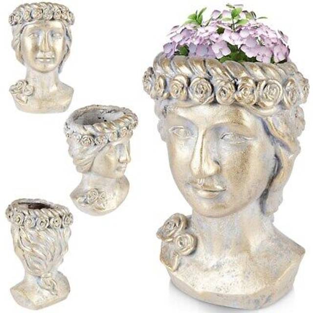 Greek Head Flower Pot in Gold Cement for Unique Decor