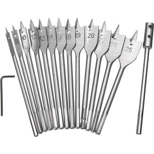 13pcs 6-25mm Wood Spade Flat Drill Bits with Extension Rod 1/4 Inch Hex Shank