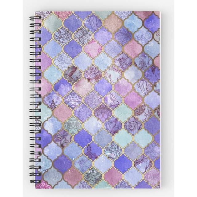 Spiral Notebook Royal Purple, Mauve Indigo Decorative Moroccan Tile Pattern A5 120 Pages