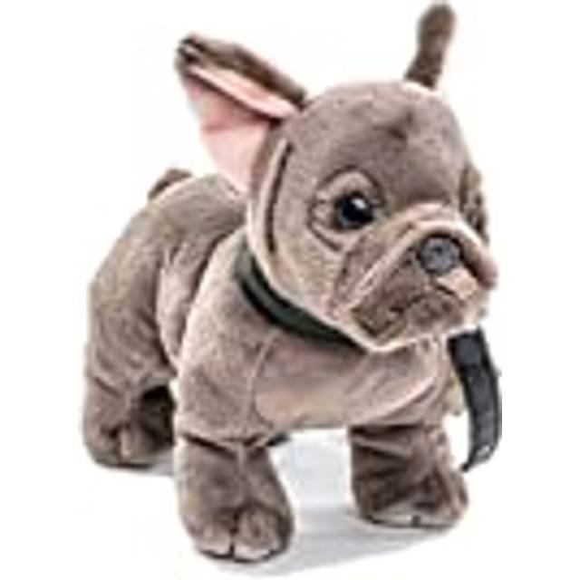 Uni-Toys - Fransk bulldogg med koppel – 26 cm (längd) – hund, husdjur – plyschleksak, gosedjur, grå, HT-30145