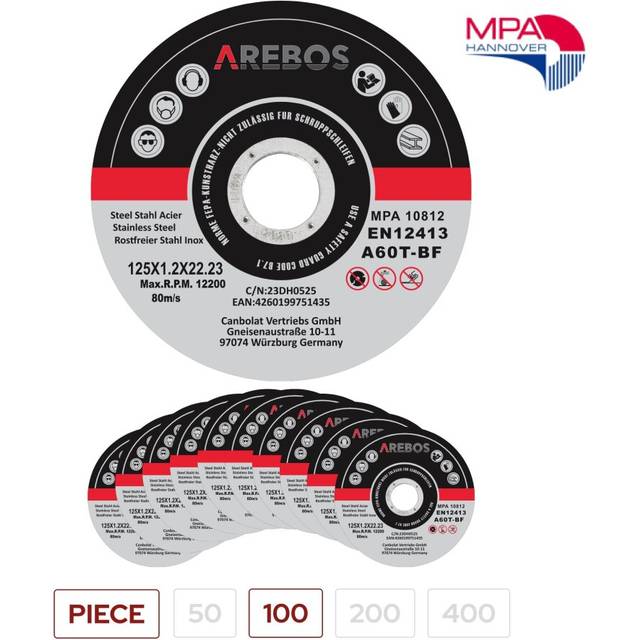 AREBOS 100 Metal Cutting Discs | Stainless Steel Cutting Discs | 125 x 1.2 x 22.23 mm | For Angle Grinder