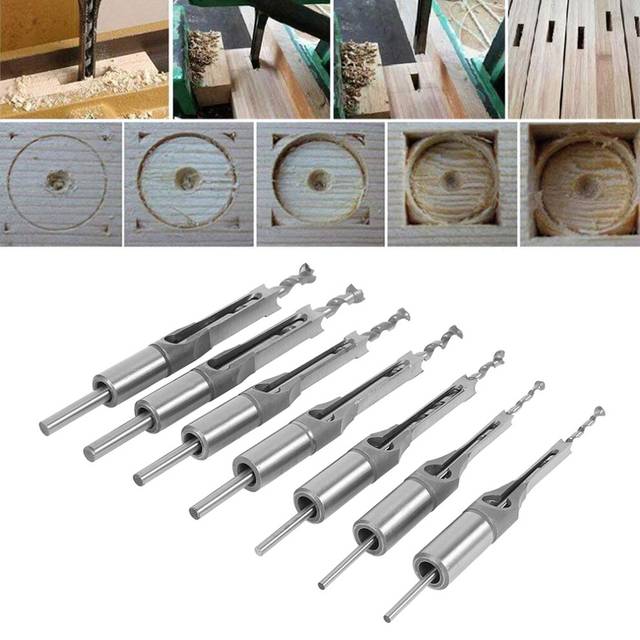 7PCS HSS Square Hole Drill Twist Drill Bits Square Auger Mortising Chisel Drill Set Square Hole Woodworking Drill Tools Kit Set